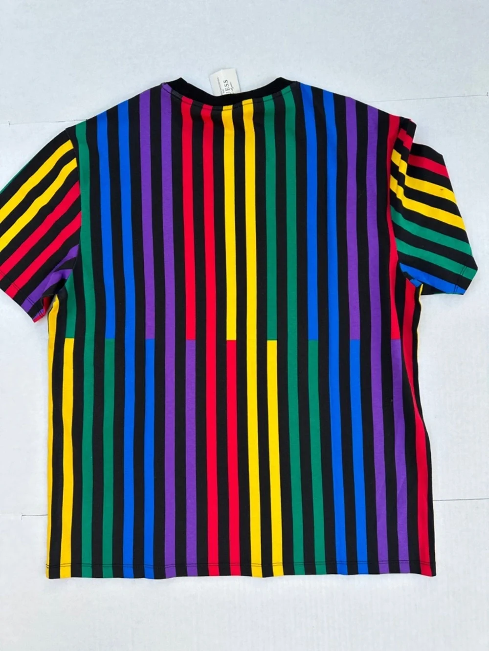 New GUESS Multicolor Vertical Stripe Logo Tee - Black Trim SZ L - Picture 6 of 6